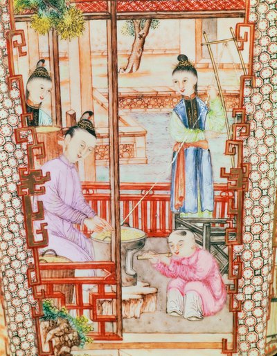 Detail van een vaas met vrouwen die zijde spinnen door Ming Dynasty Chinese School